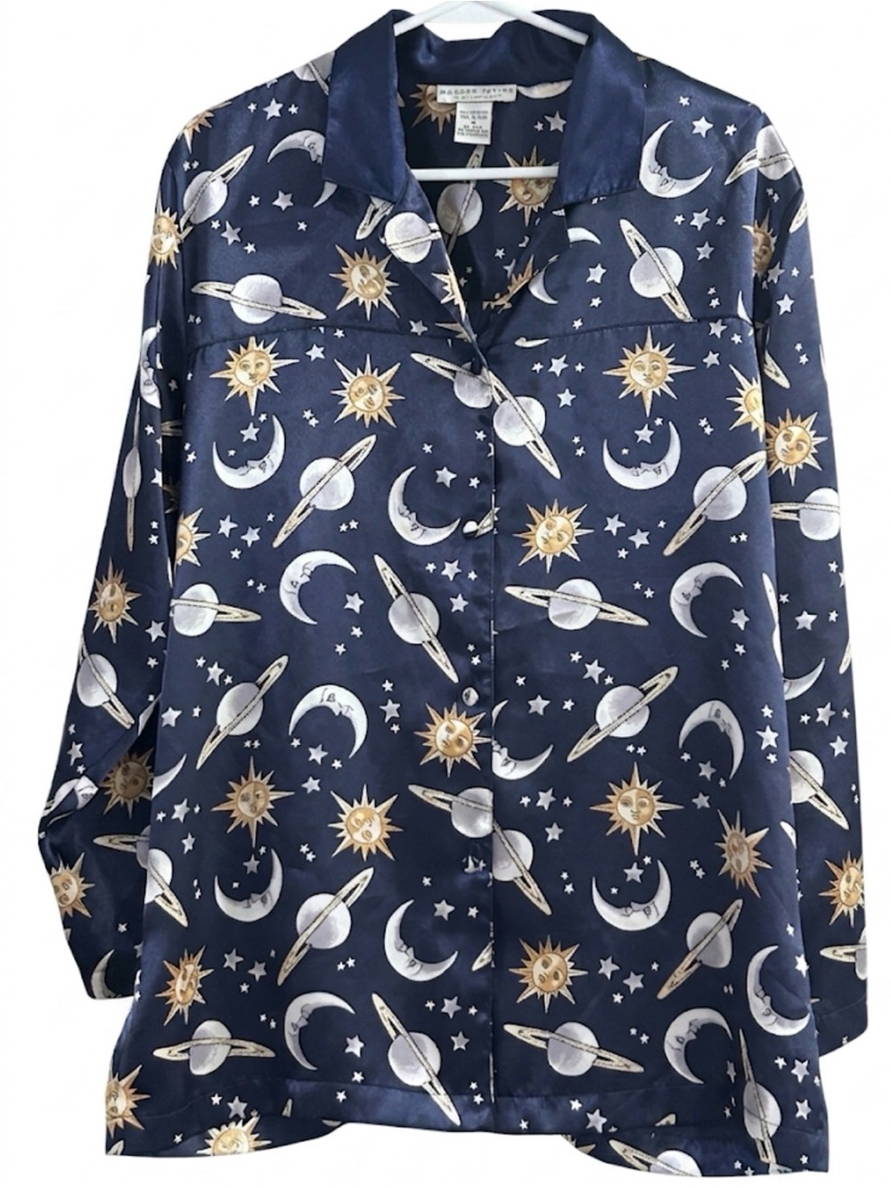 Morgan Taylor Navy Satin Top with White and Gold Celestial Motif